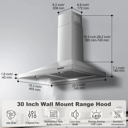 30 inch Wall Mount Range Hood, Ducted/Ductless Kitchen Hood, Stainless Steel, Baffle Filters, 3 Speed Fan, Push Button Control, LED Light