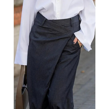 Modigirl Trendy Women's Suit Pants Autumn Spring Loose Wide Leg Asymmetric Solid Color Split-Joint High Waisted Formal Trousers