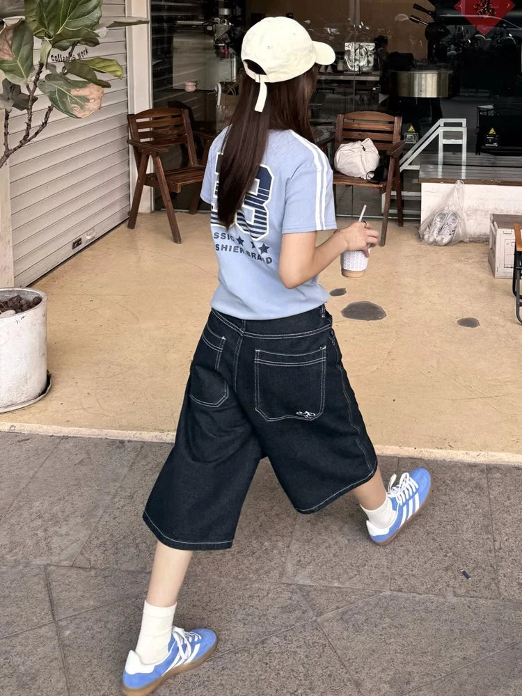 American Retro Loose Wide Leg Street Jeans Seven-Foot Casual Shorts Men Women Summer Small Audience Knee-Covering Jeans