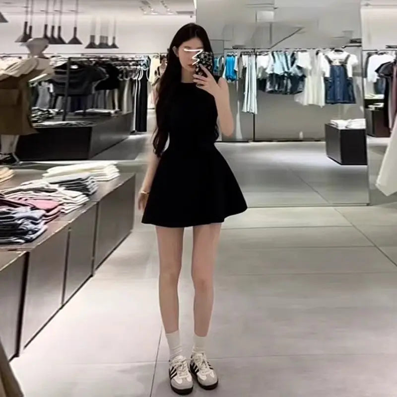 Summer New Women's Sleeveless Vest Dress Pure Color Waist-Cinching Slimming A-Line Skirt Short Dress Regular Sleeve Polyester