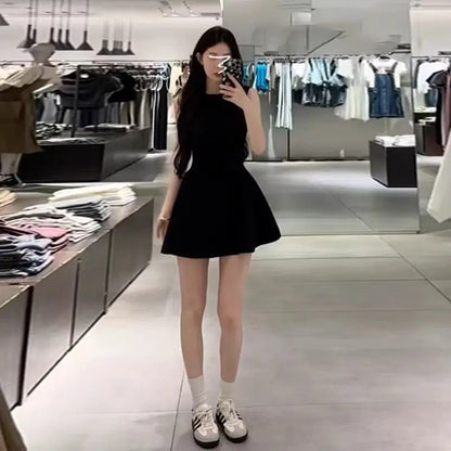 Summer New Women's Sleeveless Vest Dress Pure Color Waist-Cinching Slimming A-Line Skirt Short Dress Regular Sleeve Polyester