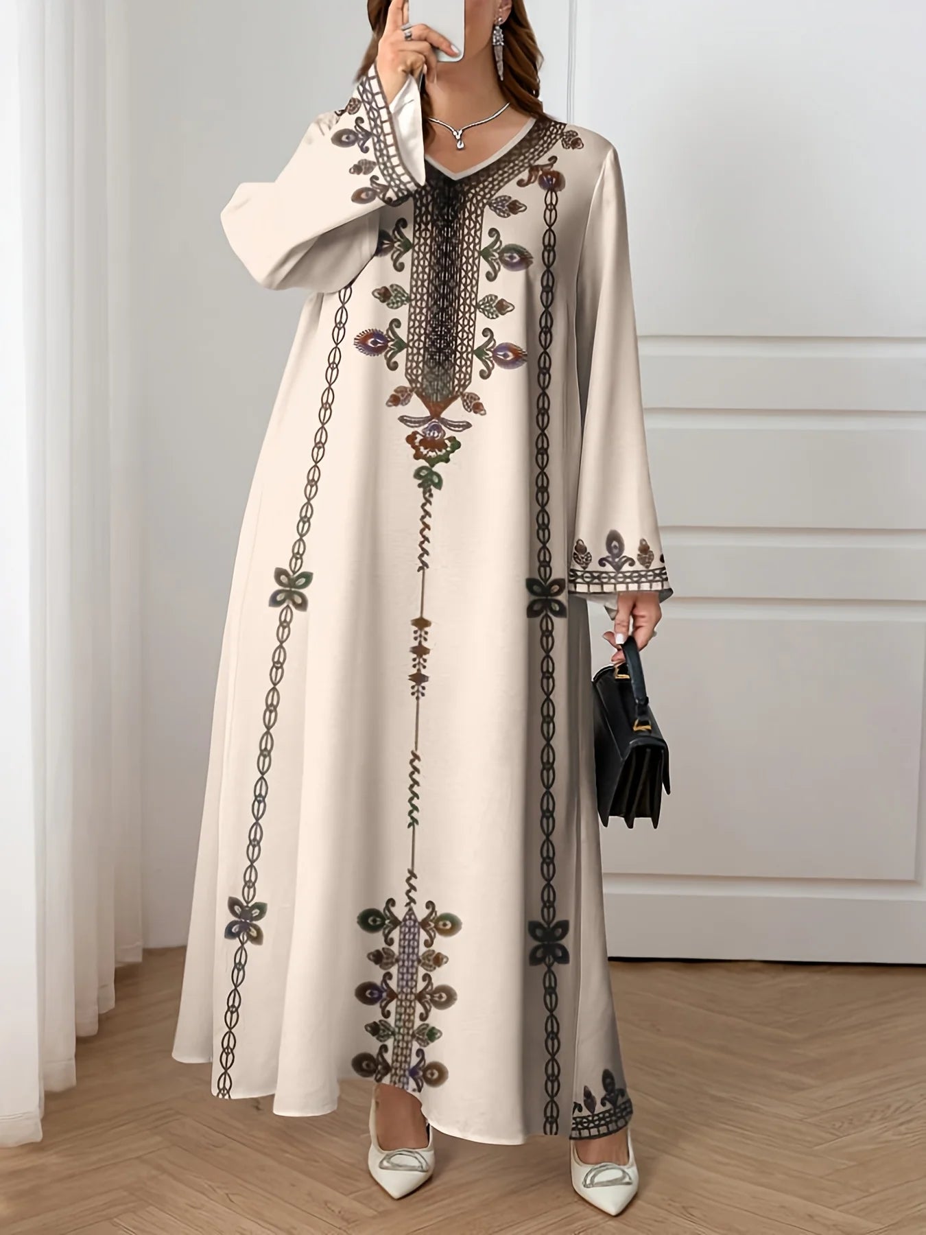 Middle Eastern Elegant Robe, New Spring and Autumn Style, Plus-Size Fashion Women's Clothing, Ethnic Print, Stylish, Loose and Comfortable, Holiday Style Long-Sleeve Dress