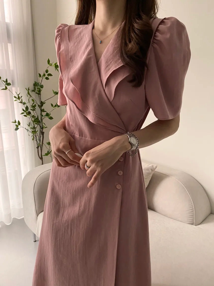 Retro Double Layered Collar Bubble Sleeve  Dress Elegant Short Sleeve V Neck Summer Casual Women's Dress