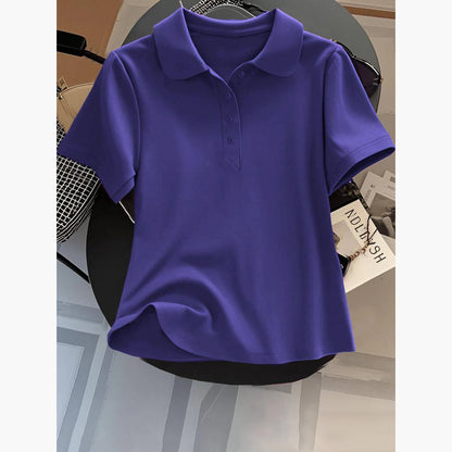 Loose Fit Women's  Neck Short Sleeve Cotton T-Shirt Casual Button up Top Korean Style Summer Fashion Ladies' Shirt