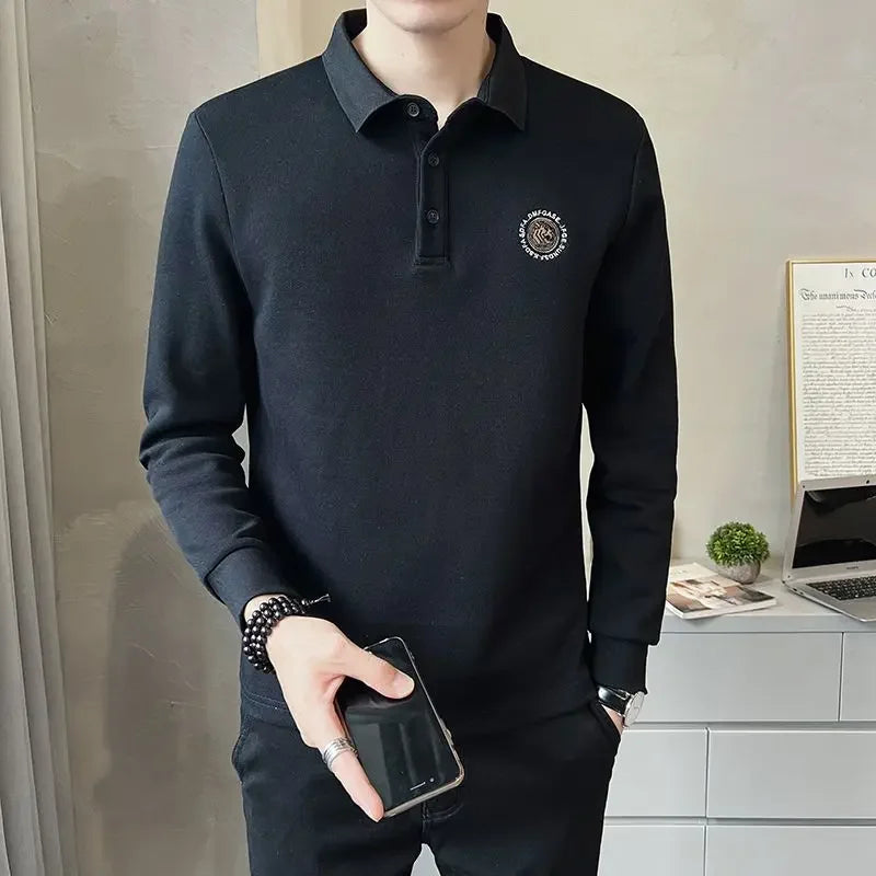 Korean Autumn New Polo T Shirt for Men 100℅ Cotton Pullovers Elasticity Social Xl Cheap Clothes Long Sleeve Xxl Man Sweatshirt
