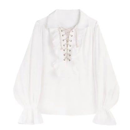 Zadily 2025 Summer Women's Lolita Ruffle Trim High Neck Shirt Lace-Up Lantern Sleeves Fitted Waist Vintage Elegant Party Blouse