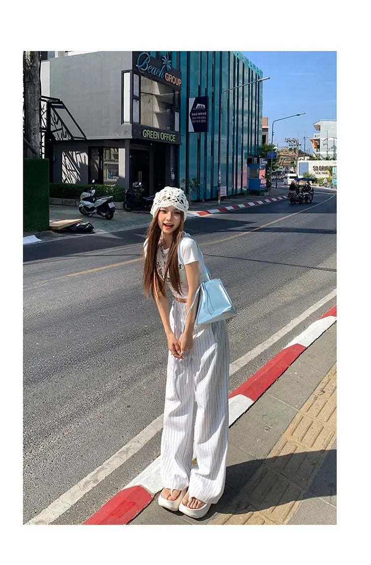 High-waist loose wide-leg pants, spring and summer new drawstring vertical striped versatile straight-leg casual pants for women