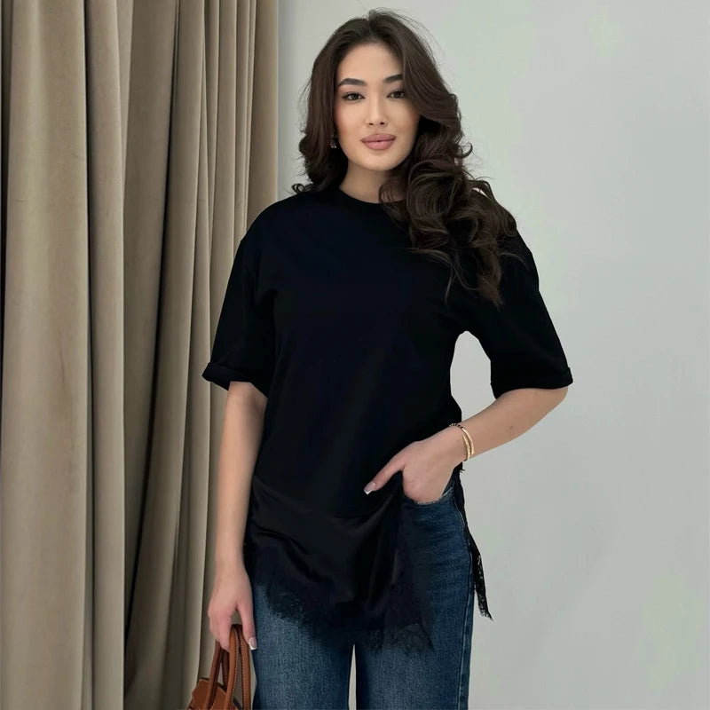MUJER Polo Lace T Shirt Women Asymmetric Oversized T-Shirt Woman Spring Casual Tank Top Female Fashion Funny Women's T-shirts