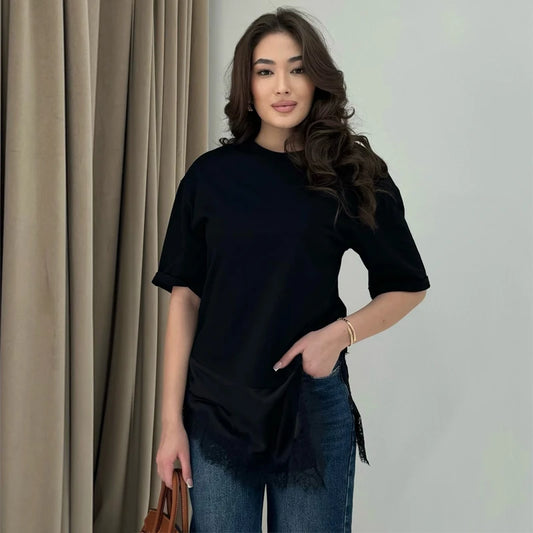 MUJER Polo Lace T Shirt Women Asymmetric Oversized T-Shirt Woman Spring Casual Tank Top Female Fashion Funny Women's T-shirts
