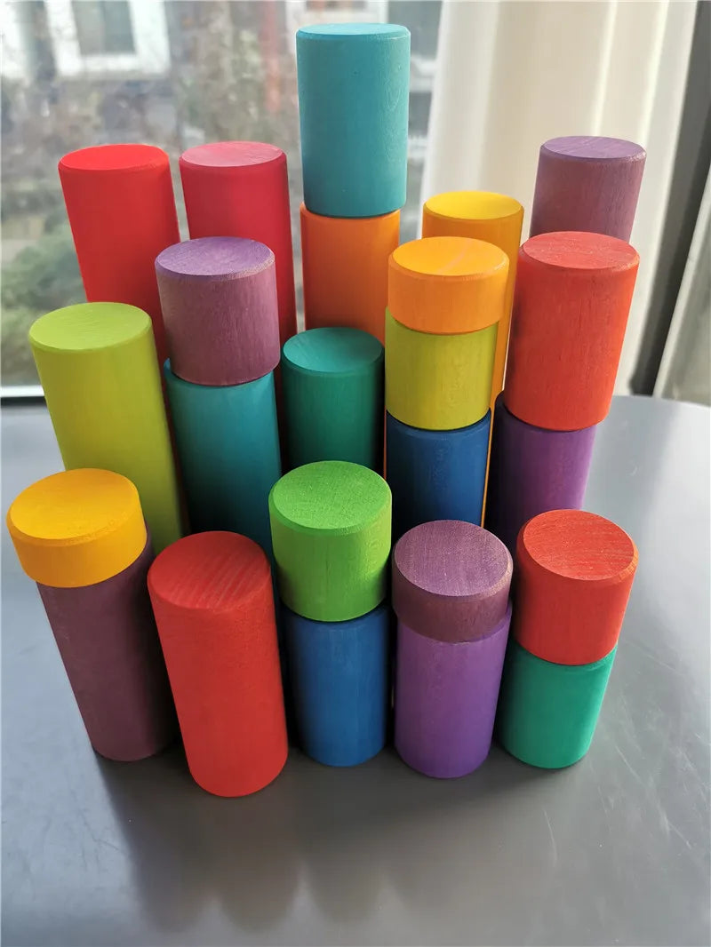 25pcs Kids Large Wood Building Rollers Rainbow Blocks Stain Basswood Stacking Cylinders Educational Creative Toys