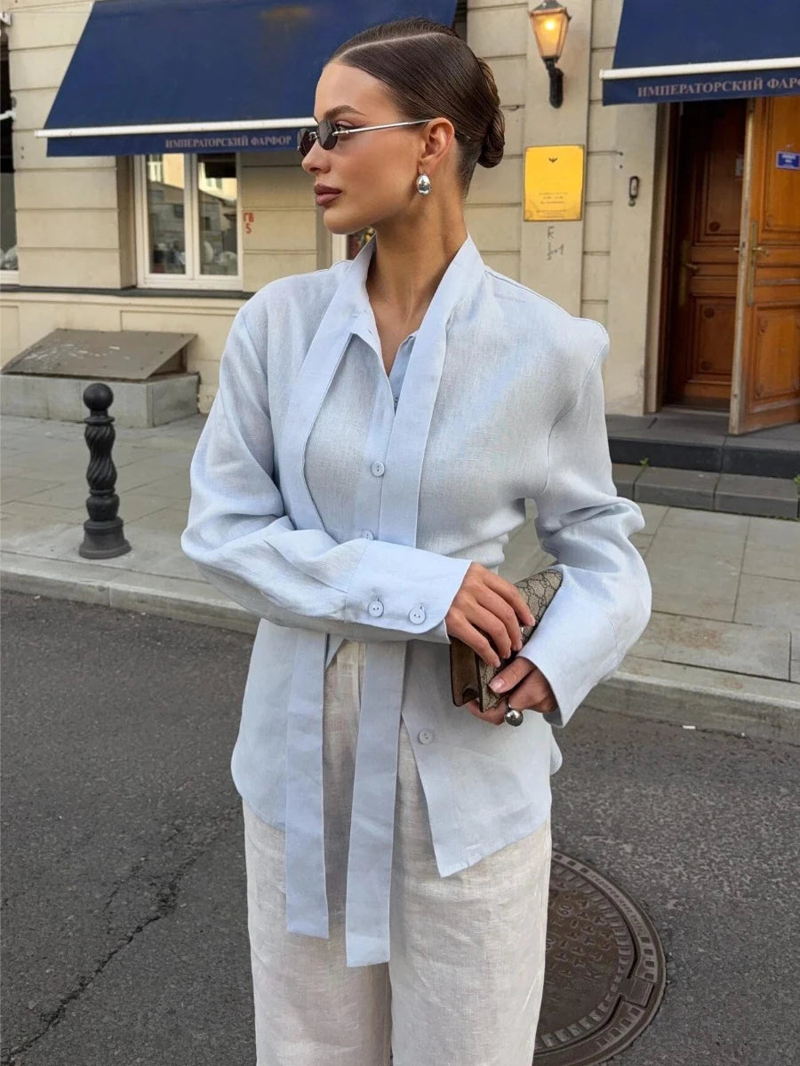 100% Cotton Shirts for Women New Spring Tie Belted Shirt Women's Floating Ribbon Tops  Shirts Commuting Slim Waist Blouse