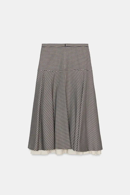 Color Block Plaid Pilot Jacket Coat High Collar Long Sleeve Women's Spring Fashion Set with Midi Skirt Spring Season Pattern