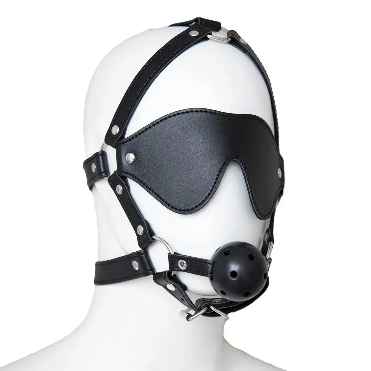 BDSM PU Leather Ball Mouth Gag Eye Mask Harness Oral Restraint Roleplay Fetish Toy For Adult Couples 18+