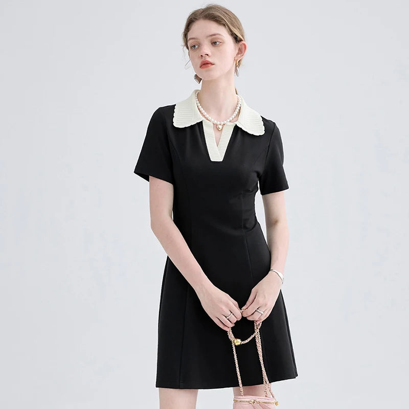 Women Dress Black Elegant Vintage French Style Short Sleeve Cute Casual New Fashion Polo-Neck Office Ladies Mini Dress 2026
