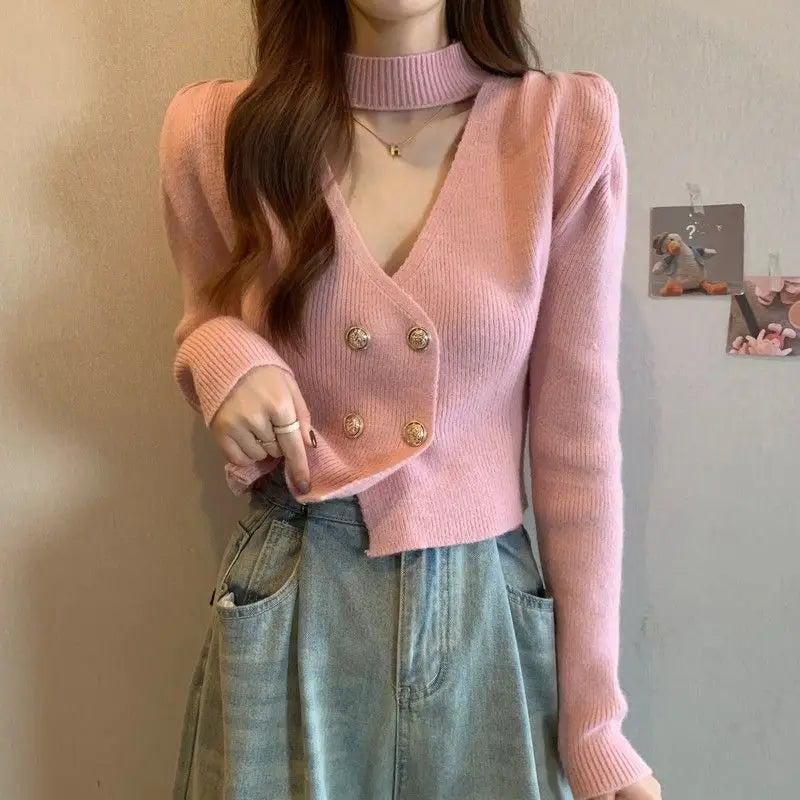 Elegant V-Neck Bubble Sleeve Knitwear Short Top Fashion Trend Neck Hanging Style Girl's French Style Slim Fit Long Sleeve Autumn