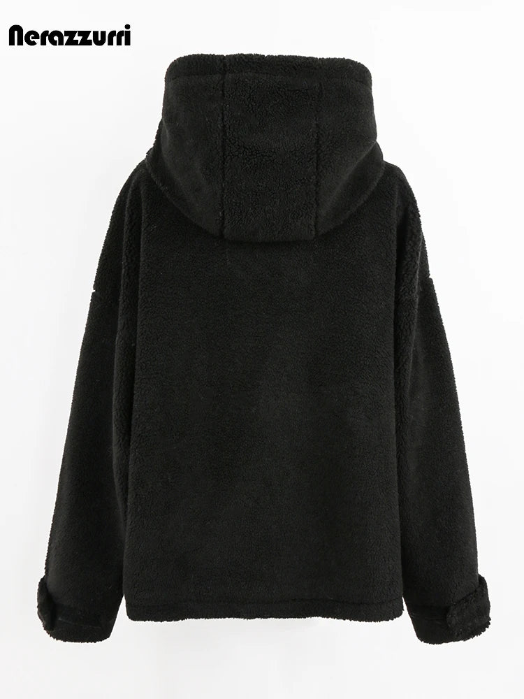 Nerazzurri Autumn Winter Oversized Black Warm Faux Fur Coat Women with Drawstring Hood Long Sleeve Zip Up Fluffy Jacket Menswear
