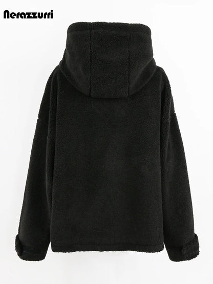 Nerazzurri Autumn Winter Oversized Black Warm Faux Fur Coat Women with Drawstring Hood Long Sleeve Zip Up Fluffy Jacket Menswear