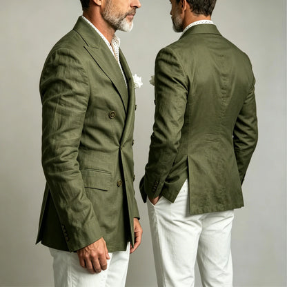 Men's Linen Blazer Jacket Summer Double Breasted Peak Lapel Slim Fit Lightweight Casual Linen Men Sport Coat For Gentlemen