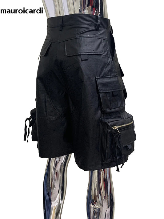 Summer Autumn Waterproof Black Pu Leather Cargo Shorts for Men with Three-dimensional Pockets Cool Luxury Designer Emo Clothes