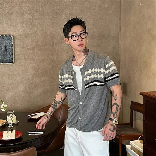 2026 Summer Men's Button Cardigan Knit Short Sleeve T-Shirt Fair Isle Cleanfit Casual Polo Shirts Stripe Color-Block Collar Top