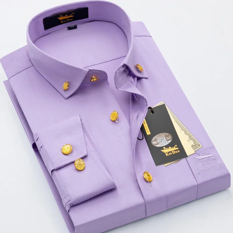 2026 Spring/Autumn New Men's Luxury Brass Button Long Sleeve Business Casual Shirt Ironing Resistant Office Work Shirts as Gift