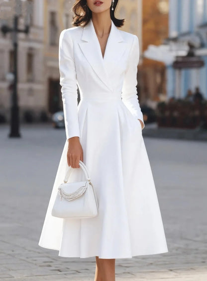 Elegant Long Sleeve V Neck Cinched Waist Pleated Midi Dress for Women Formal Business Occasions