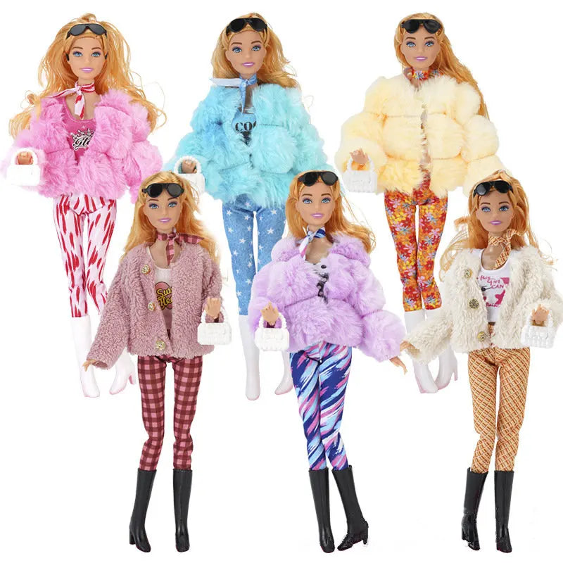 30cm Doll Full Set 1/6 Bjd Female Doll with Beautiful Winter Fashion Plush Fur Coat and Clothes Suit