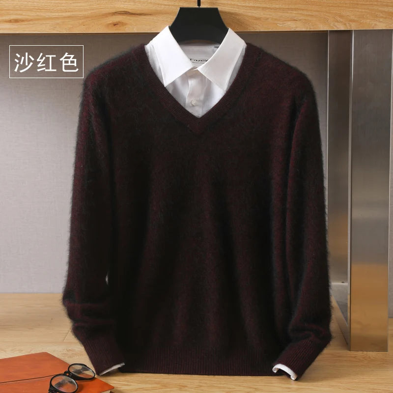 100% Pure Mink Cashmere Sweater Men's V-Neck Pullovers Knit Large Size Mink Sweater Winter New Long Sleeve High-End Jumpers Tops
