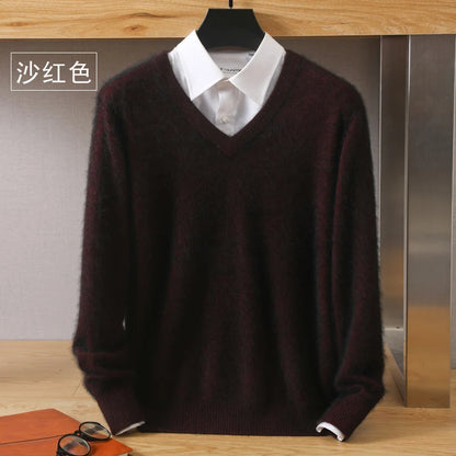 100% Pure Mink Cashmere Sweater Men's V-Neck Pullovers Knit Large Size Mink Sweater Winter New Long Sleeve High-End Jumpers Tops