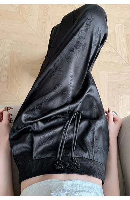 High Waist Loose Straight Pants with Button Knot Pocket New Chinese Style Satin Wide Leg Pants Spring Summer Trousers Pink Black