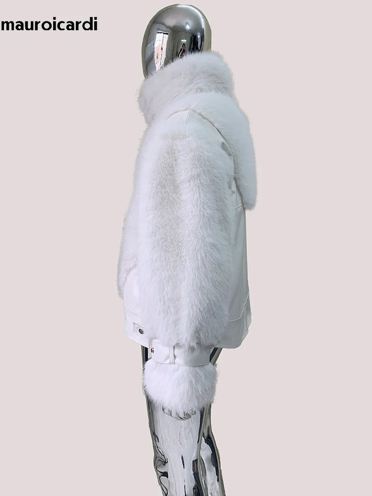 Mauroicardi Autumn Winter Short Thick Warm White Pu Leather Patchwork Faux Fur Coat Men Stand Collar Zip Up Fluffy Jacket 2025