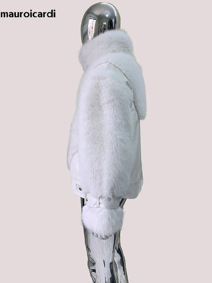 Mauroicardi Autumn Winter Short Thick Warm White Pu Leather Patchwork Faux Fur Coat Men Stand Collar Zip Up Fluffy Jacket 2025