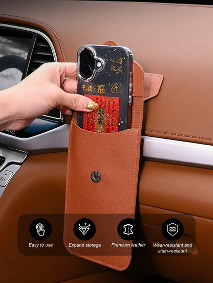 Universal Multi-Use Car Storage Bag with Shoulder Strap, Stick-On, Premium Leather, For Dashboard, Door, Seat Back