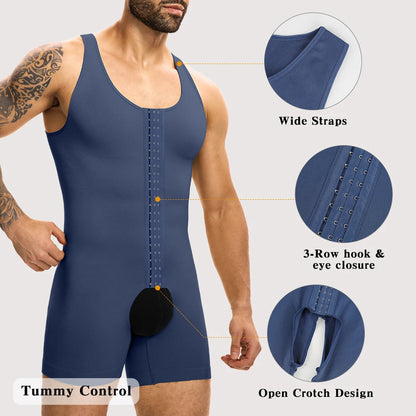 Men's Sleeveless Compression Shapewear Bodysuit Tummy Control Slimming Vest 3-Row Hooks Open Crotch Underwear for Daily Wear