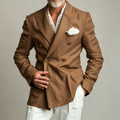Men's Linen Blazer Jacket Summer Double Breasted Peak Lapel Slim Fit Lightweight Casual Linen Men Sport Coat For Gentlemen