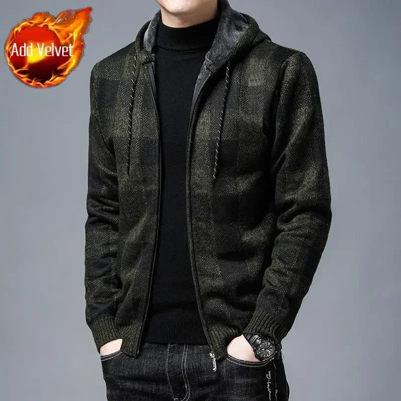 Knit Sweater Male Zipper Plaid Men's Clothing Cardigan Hoodies Zip-up Thick Winter Red Tops Jumpers Casual Stylish Hot Cheap A