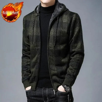 Knit Sweater Male Zipper Plaid Men's Clothing Cardigan Hoodies Zip-up Thick Winter Red Tops Jumpers Casual Stylish Hot Cheap A