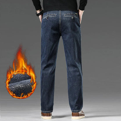 Warm Fleece-Lined Jeans Men's Relaxed Straight Leg Thickened Casual Velvet Denim Trousers Comfortable Daily Work Long Pants