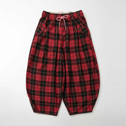 Red - Black Plaid Drawstring Lantern Pants, Retro Hong Kong Style, Daily Outfit, Casual & Free Vibe 255338
