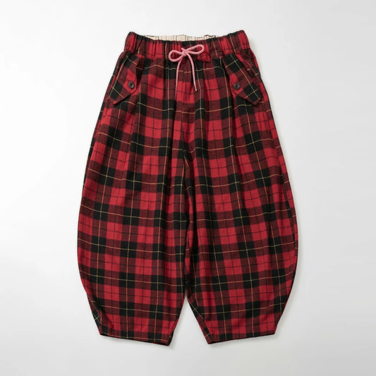 Red - Black Plaid Drawstring Lantern Pants, Retro Hong Kong Style, Daily Outfit, Casual & Free Vibe 255338