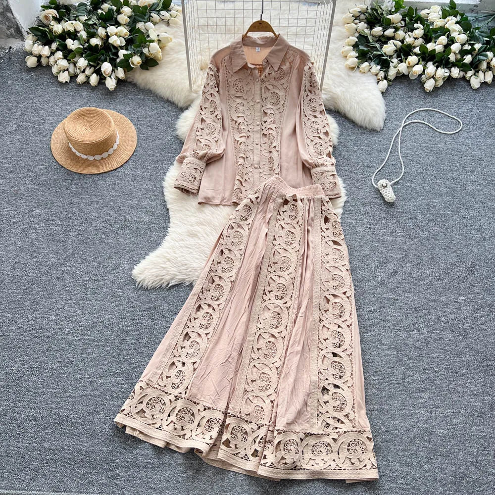 Elegant Lace Hollow out Long Sleeve Shirt And High Waist Half Skirt Two Piece Set for Women Fashionable And Stylish Ensemble