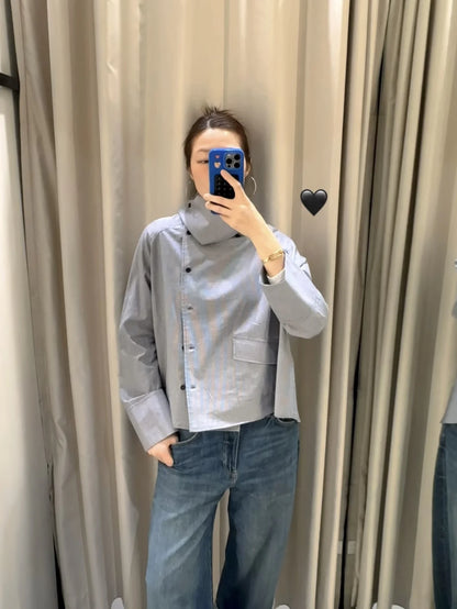 ETJ 2026 New Women's Designer Cotton High Neck Shirt Jacket Oversized Long Sleeve Minimalist Style Outerwear Top