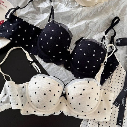 Ensemble Soutien-Gorge French Coquette à Pois Sans Armature, Effet Push Up Pour Petite Poitrine Forme Pêche, Confortable et Sexy