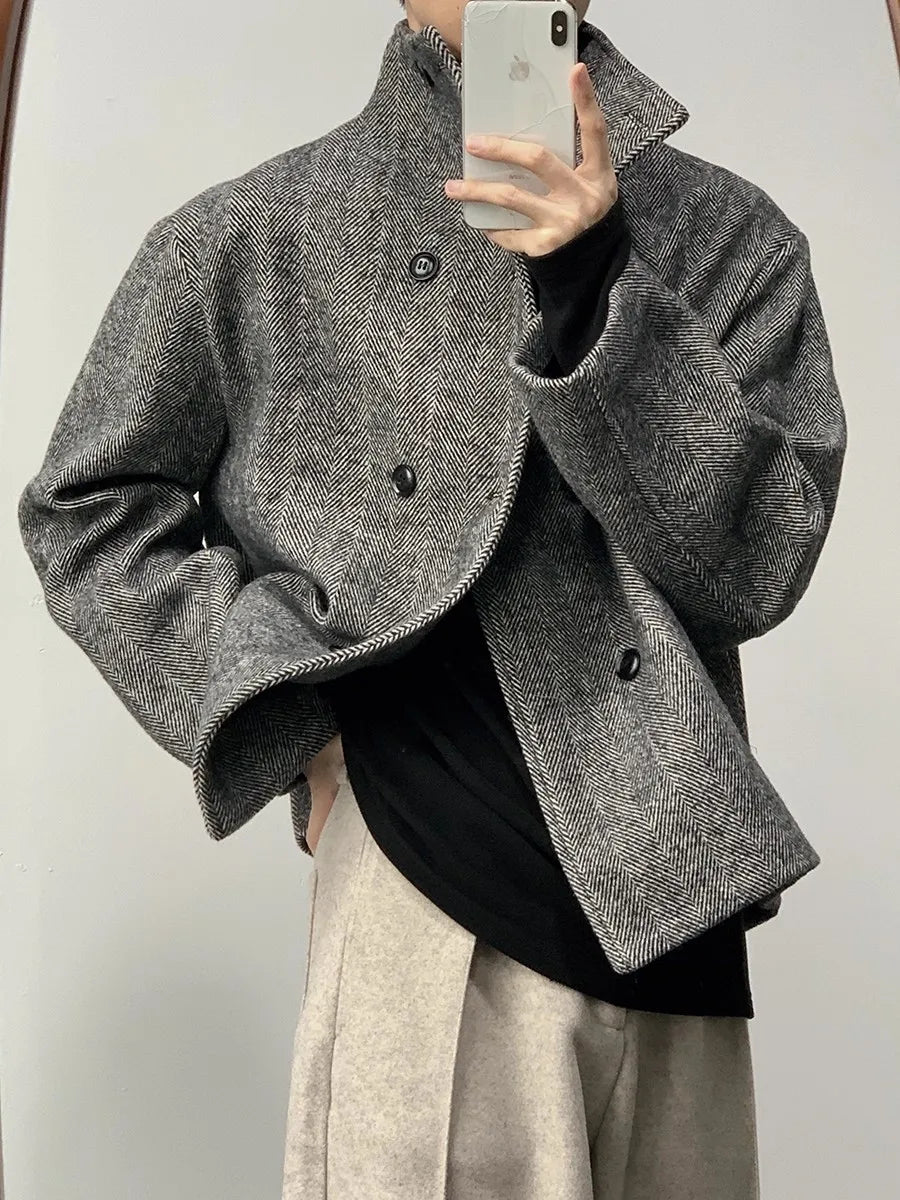Mauroicardi Autumn Winter Cool Short Warm Herringbone Woolen Jacket MenStand Collar Double Breasted Luxury Designer Clothes 2025