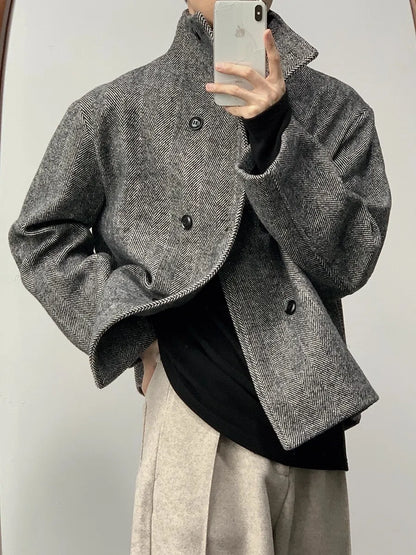 Mauroicardi Autumn Winter Cool Short Warm Herringbone Woolen Jacket MenStand Collar Double Breasted Luxury Designer Clothes 2025