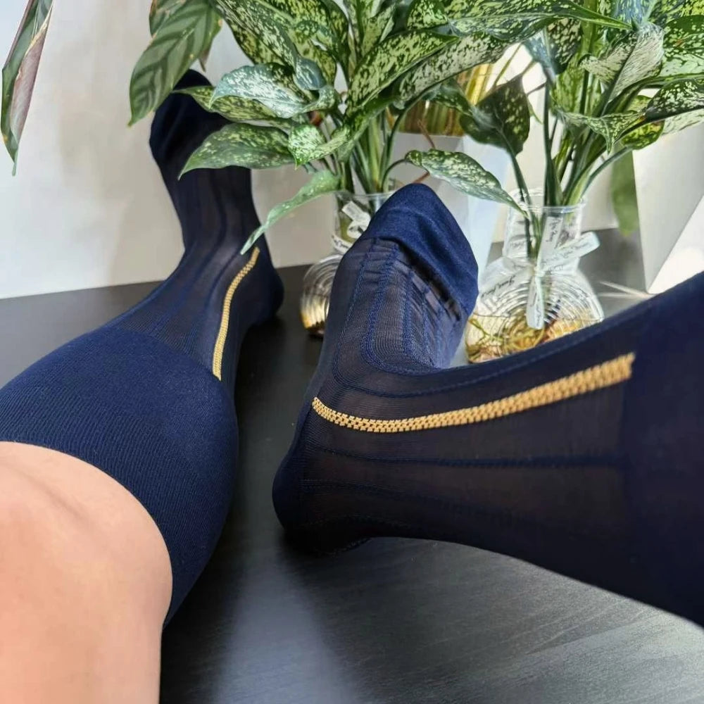 Men's Knee High Formal Socks Long Gentleman Stockings Soft Elastic Nylon Business Dress Socks for All Seasons Solid Color Party