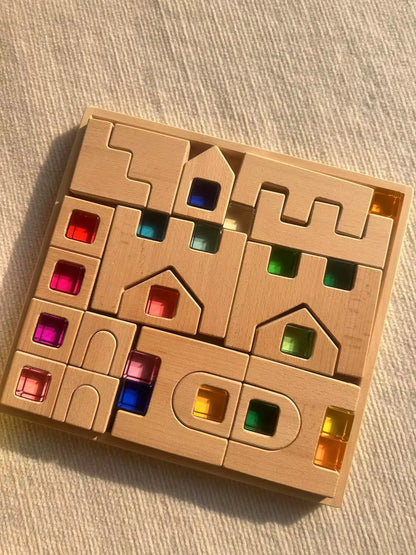 Wooden Building Blocks Set Stacking Castle Toys with Transparent Cubes Rainbow Timbers Trees Animals Giraffe for Kids