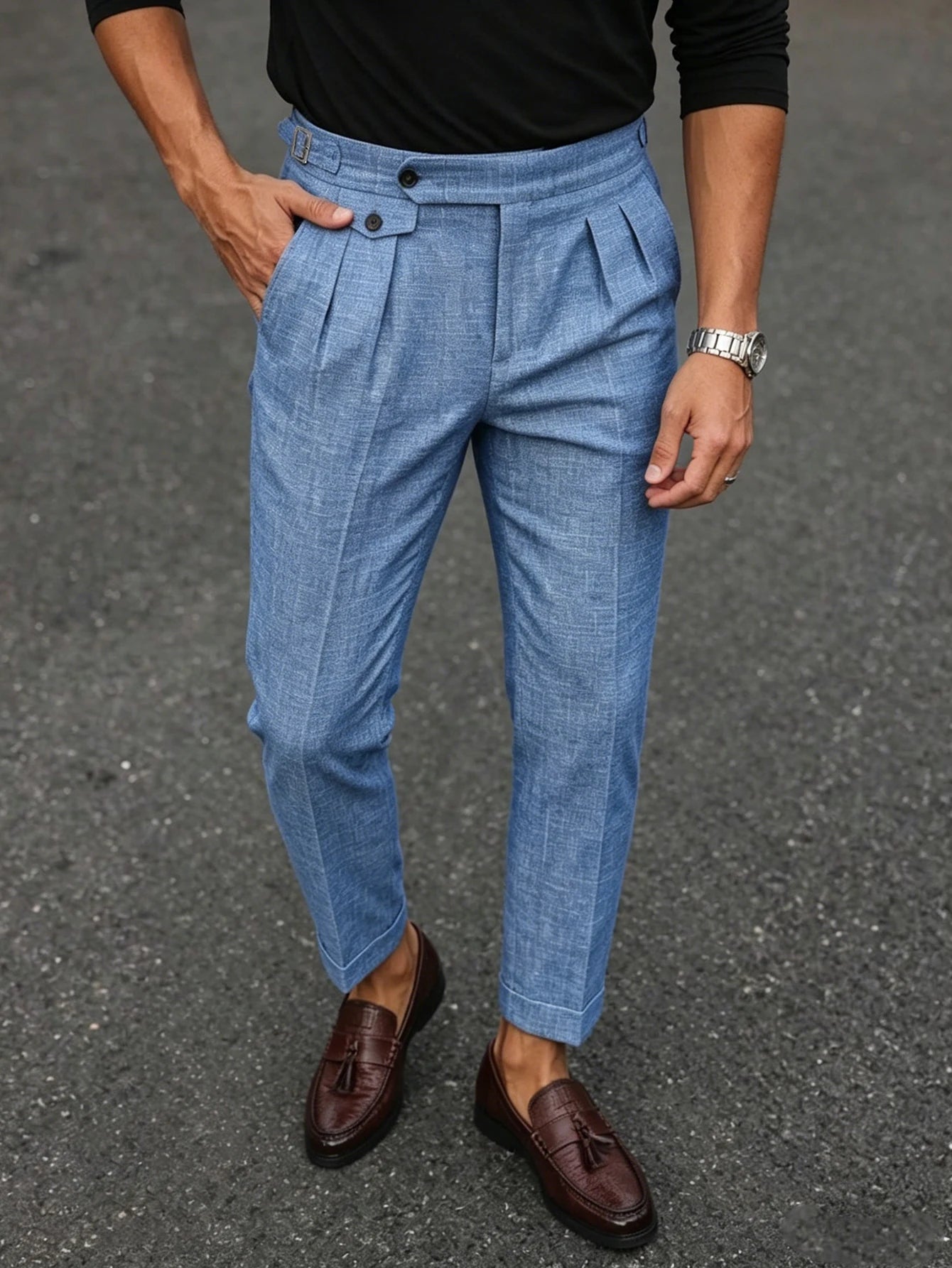 2026 SS Men's Italian Neapolitan Suit Trousers,Woven Double Pleat Pocket Button High Waist Straight Leg Business Casual Pants