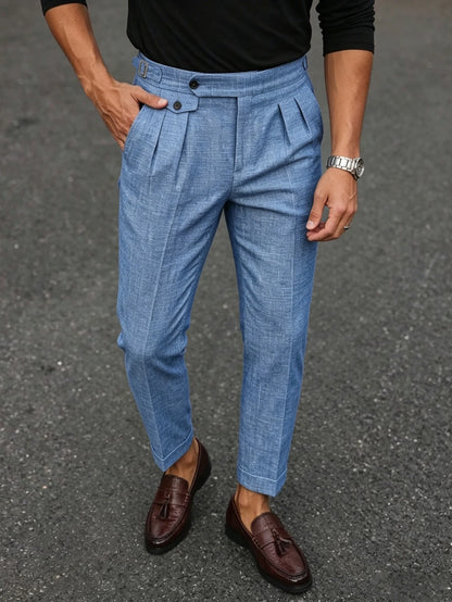 2026 SS Men's Italian Neapolitan Suit Trousers,Woven Double Pleat Pocket Button High Waist Straight Leg Business Casual Pants