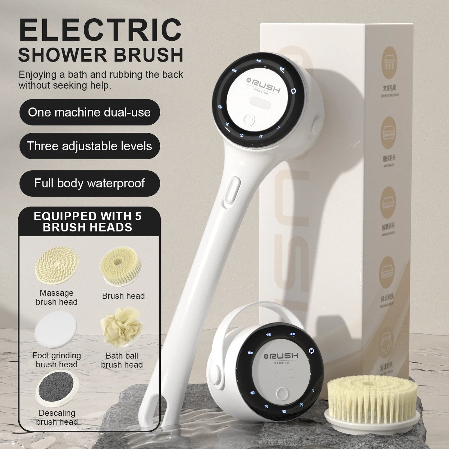 2025 NEW Electric Shower Body Cleaning Brush 5 Heads Spinning Spa Bath Brush Waterproof Long Handle Personal Back Rubbing 3 Gear